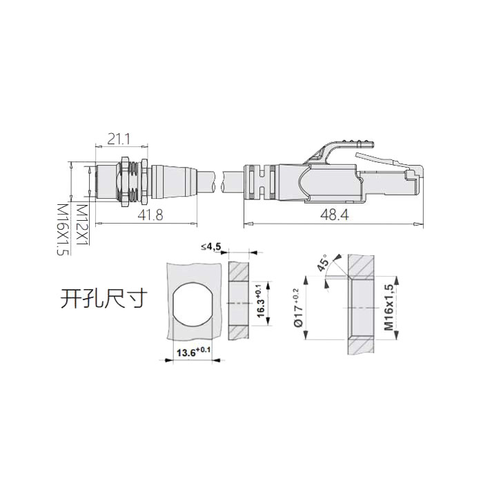 M12 4Pin D-coded、板面法蘭母頭轉(zhuǎn)RJ45公頭直型、雙端預(yù)鑄PVC非柔性電纜、帶屏蔽、黃色護套、0C4228-XXX